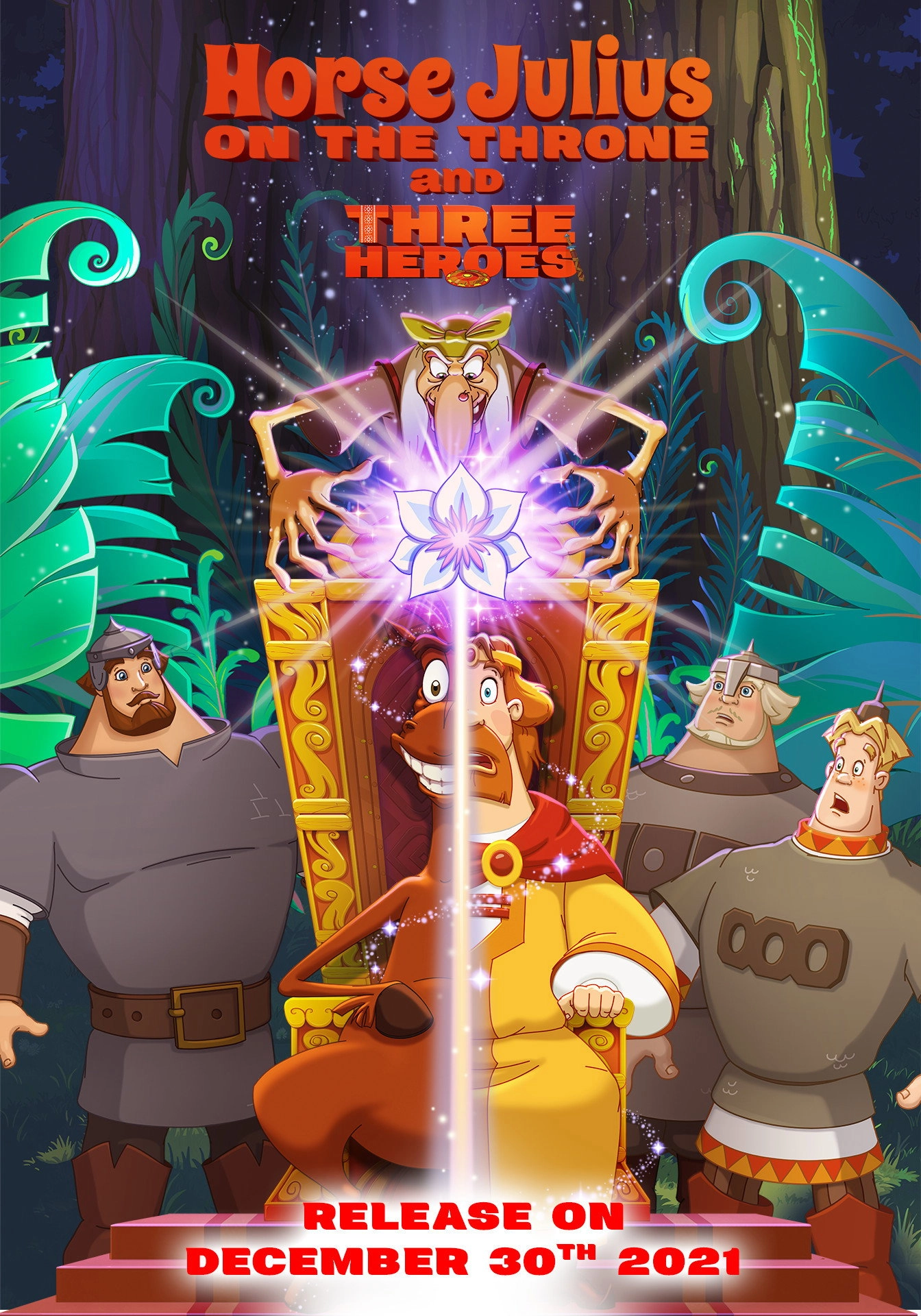 Horse Julius on the Throne and Three Heroes